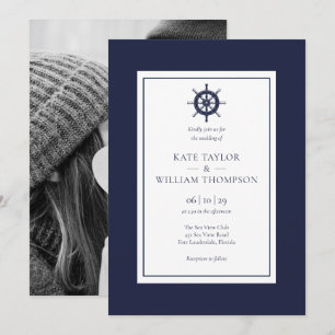 Invitación Rueda de barco náutico boda foto azul marino