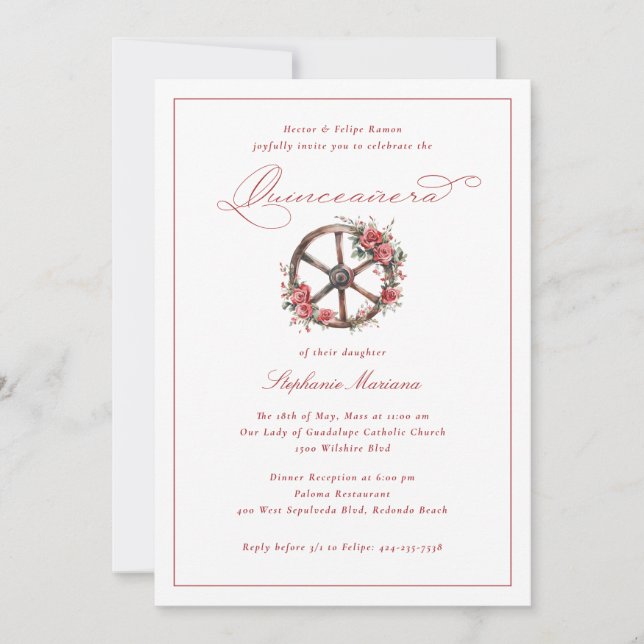 Invitación Rueda de carrete Roses Rojos Elegante Charro Quinc (Anverso)