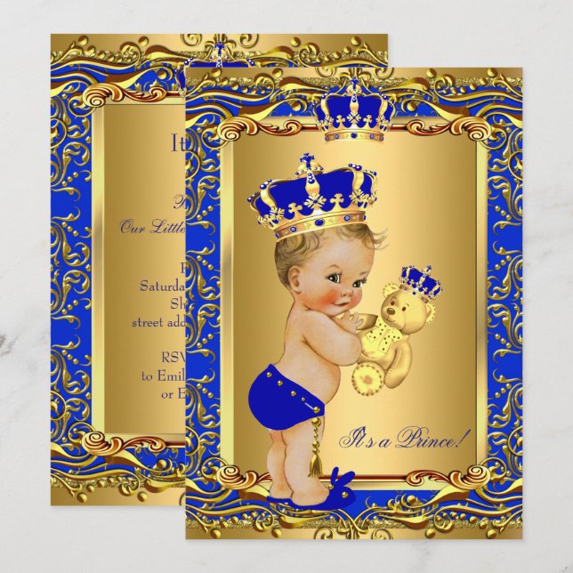 Invitación Rueda de la Corona de Príncipe Azul Real Baby Show (Anverso / Reverso)