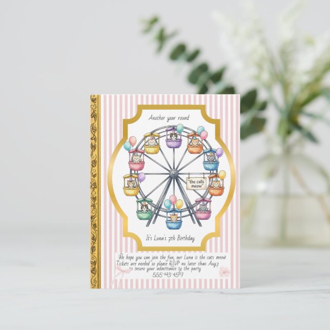 Invitación Rueda de la Fortuna de Gatito Cumpleaños Descarga  (Anverso de pie)