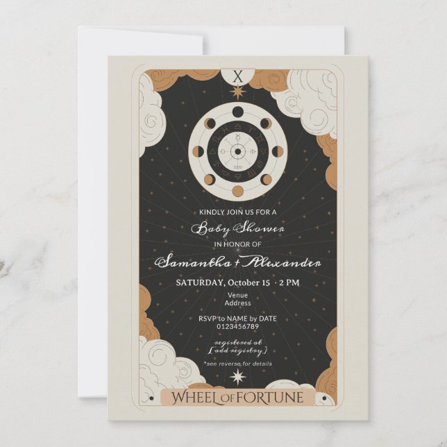 Invitación Rueda de la Fortuna Tarot Baby Shower Celestial (Anverso)