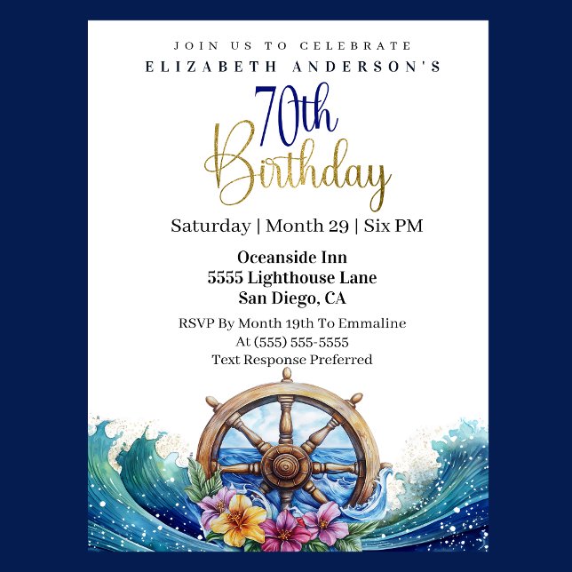 Invitación Rueda de Navegación de Vela 70 Cumpleaños (Nautical sailing wheel ocean waves floral 70th birthday invitation in navy blue and gold
)