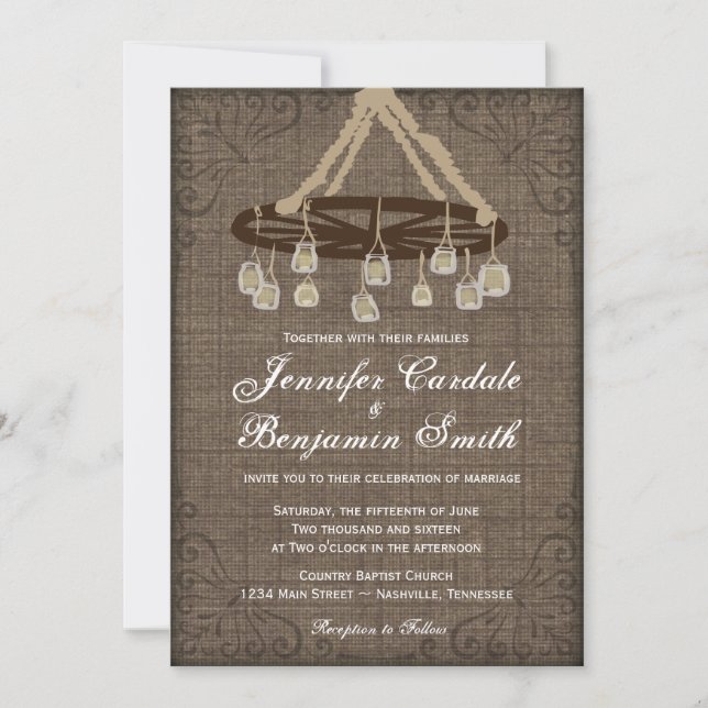 Invitación Rueda de vagón Mason Jar Chandelier Wedding (Anverso)