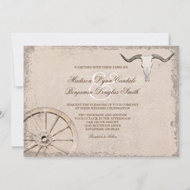 Invitación Rueda de vagón rusa Boda de vaquero longhorn (Anverso)