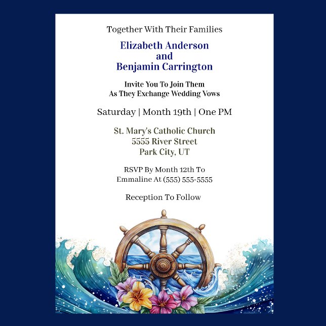 Invitación Rueda de Vela de Flor Tropical Matrimonio Náutico (Nautical wedding invitation with ship wheel, ocean waves, and tropical flowers )