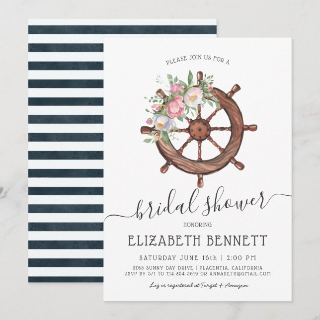 Invitación Rueda del Nautical Floral Ship | Ducha de novia (Anverso / Reverso)