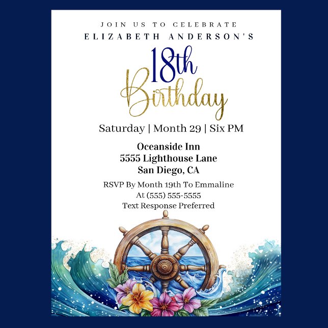 Invitación Rueda Náutica de Vela Cumpleaños 18 (Nautical sailing wheel 18th birthday invitation with ocean waves and tropical flowers
)