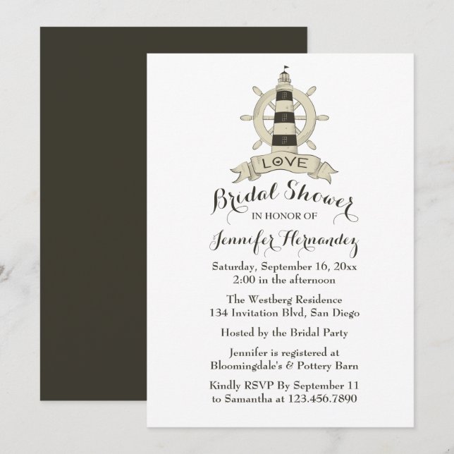 Invitación Rueda Nautical Brown Bridal Shower Lighthouse (Anverso / Reverso)