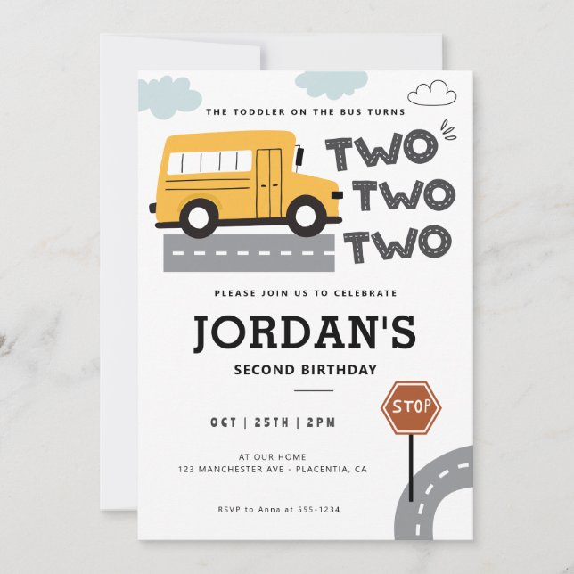 Invitación Ruedas de 2º cumpleaños en el autobús de la escuel (Anverso)