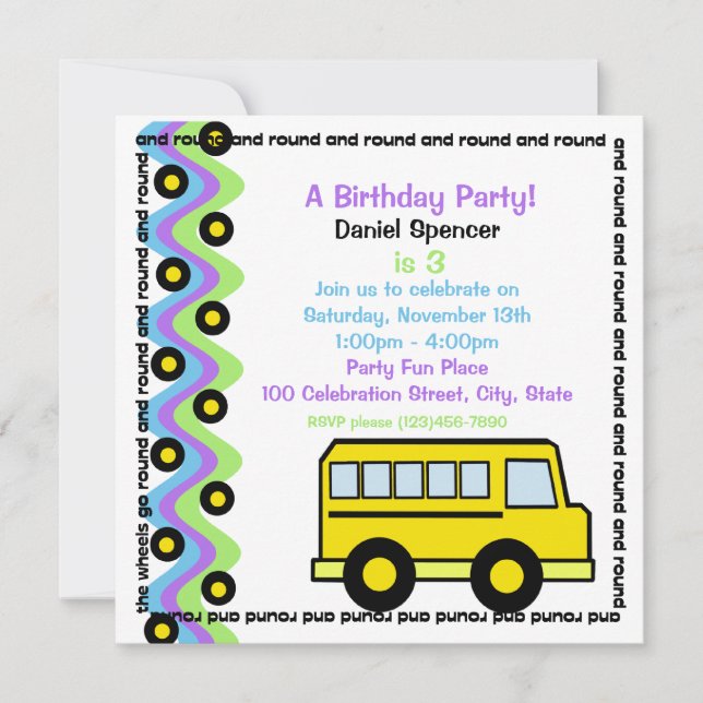 Invitación Ruedas de bus de escuela (Anverso)