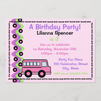 Invitación Ruedas de bus escolares rosadas