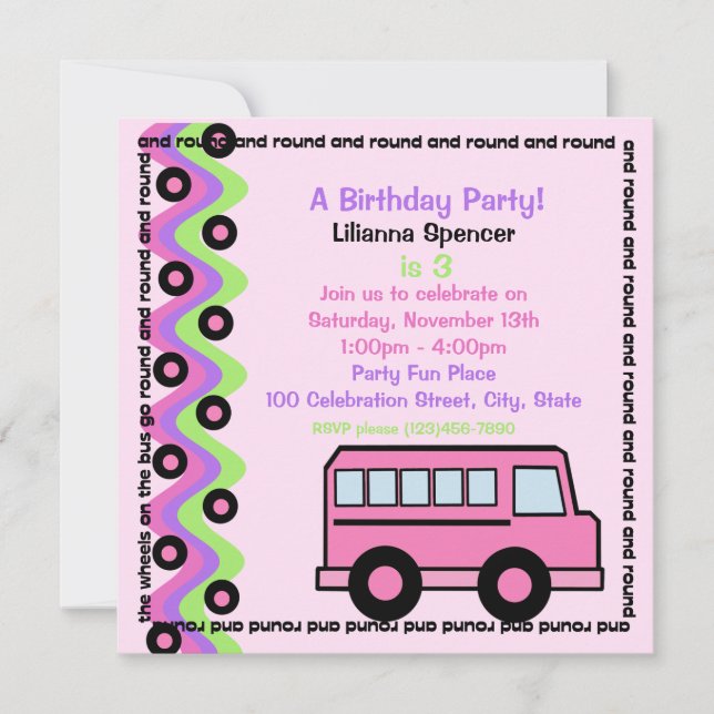 Invitación Ruedas de bus escolares rosadas (Anverso)