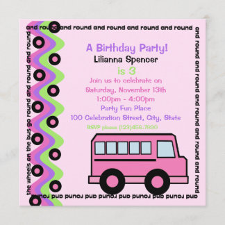 Invitación Ruedas de bus escolares rosadas