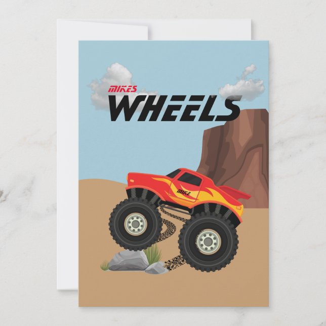 Invitación Ruedas de monstruo naranja, amarillo, rojo, verde (Anverso)