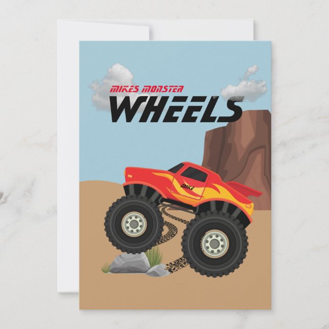 Invitación Ruedas de monstruo naranja, amarillo, rojo, verde  (Anverso)