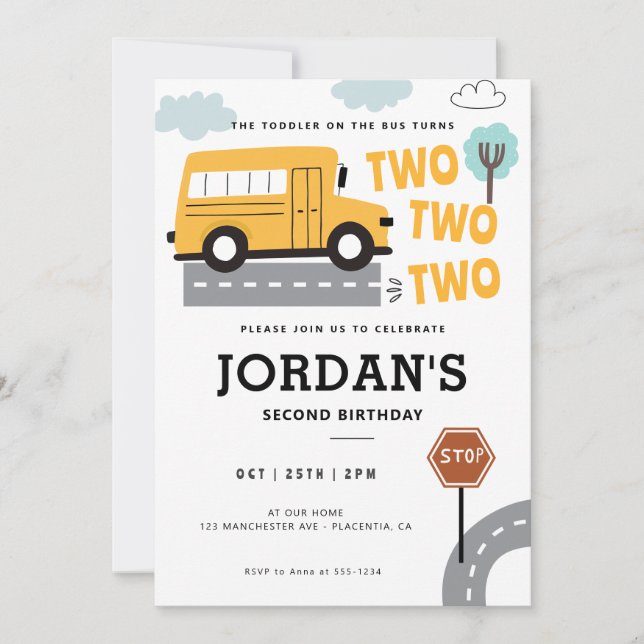 Invitación Ruedas de segundo cumpleaños en autobús escolar en (Anverso)
