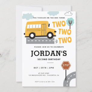 Invitación Ruedas de segundo cumpleaños en autobús escolar en