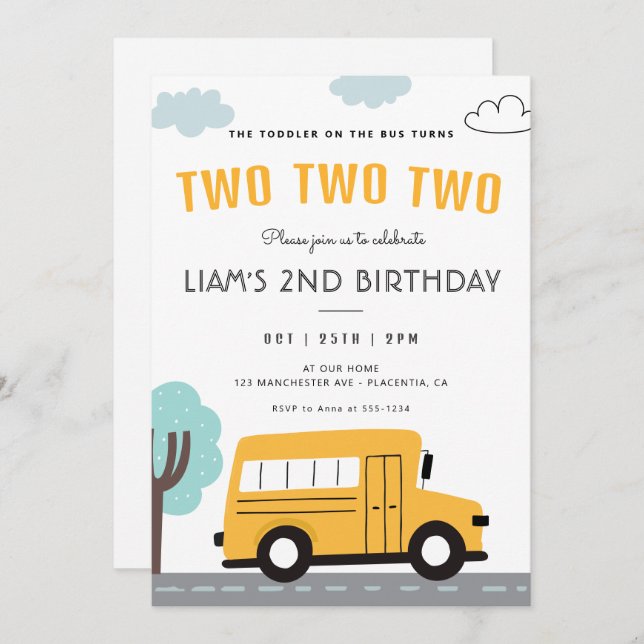 Invitación Ruedas de segundo cumpleaños en autobús escolar en (Anverso / Reverso)