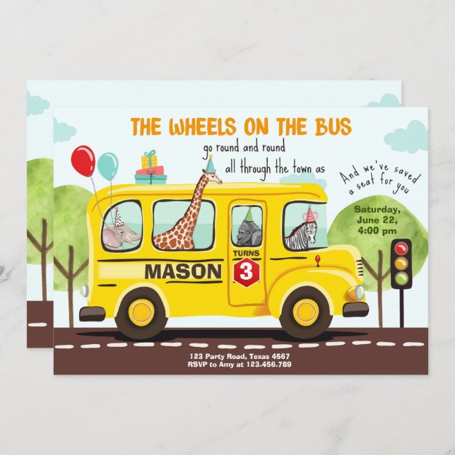 Invitación Ruedas en bus Cumpleaños invitan a Fiesta de autob (Anverso / Reverso)