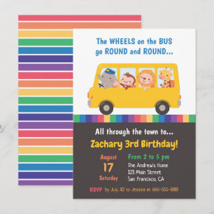 Invitación Ruedas en el Autobús Animales Lindos Fiesta de Cum