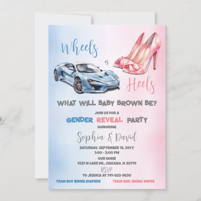 Invitación Ruedas o talones Fiesta de revelación de género (Anverso)