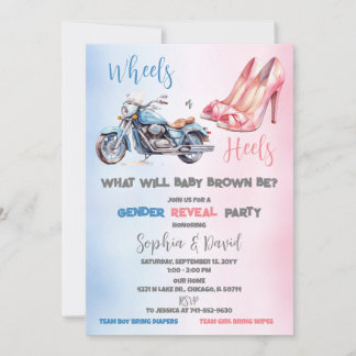 Invitación Ruedas o talones Fiesta de revelación de género