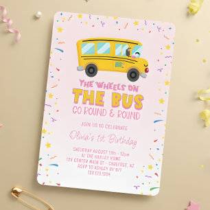 Invitación Ruedas rosadas en el autobús 1er cumpleaños