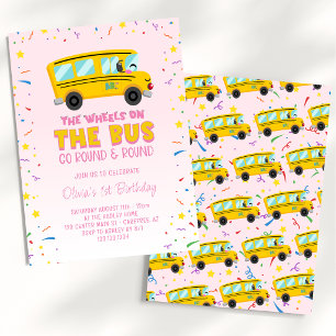 Invitación Ruedas rosadas en el autobús 1er cumpleaños