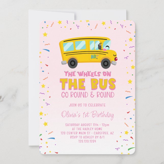 Invitación Ruedas rosadas en el autobús 1er cumpleaños (Anverso)