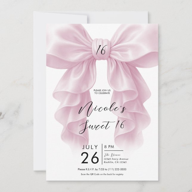 Invitación Rufa rosa Cascade Bow Elegant Sweet 16 Fiesta (Anverso)