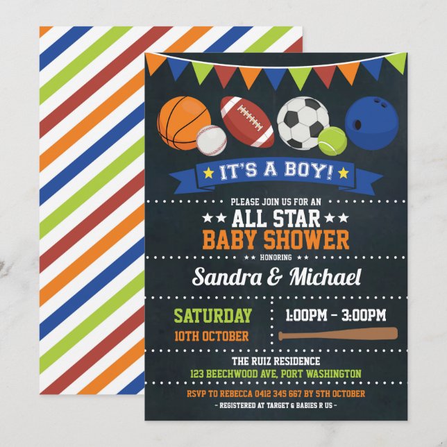 Invitación Rugbi del baloncesto de All Star Baby Shower de (Anverso / Reverso)
