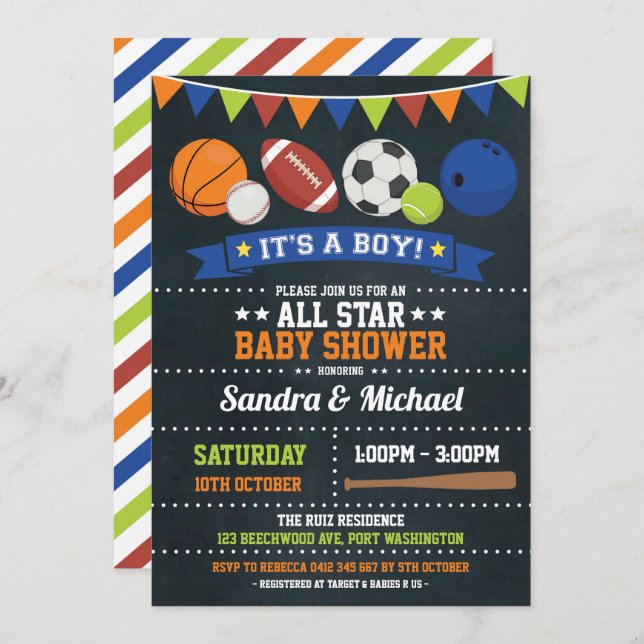 Invitación Rugbi del baloncesto de All Star Baby Shower de (Anverso / Reverso)