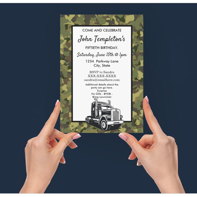 Invitación Rugged Camo Truck Camo Guay Cumpleaños (Truck driver camouflage birthday invitation. Customize for any age.)