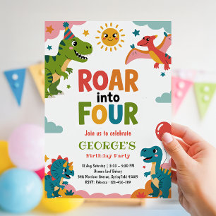 Invitación Rugido hacia cuatro cumpleaños de dinosaurio para