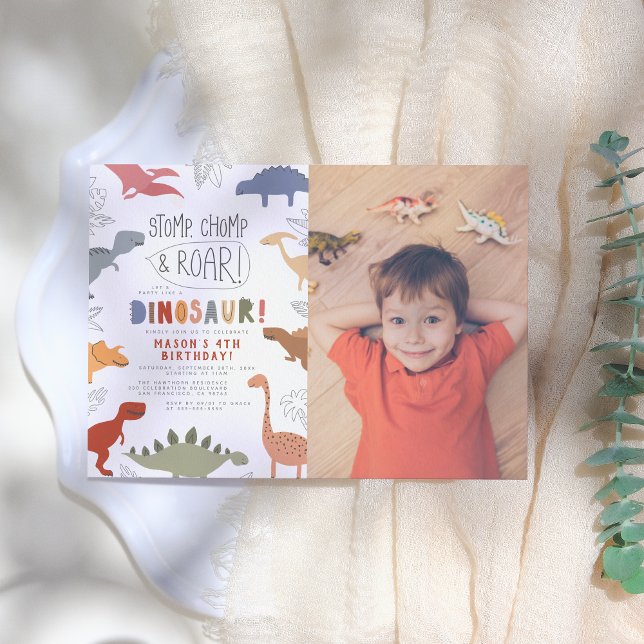 Invitación ¡Rugir! Coloridos dinosaurios Foto de niño fiesta  (Subido por el creador)