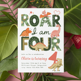 Invitación  Rugir Soy Cuatro, Dinosaurio Boho Rosa Cumpleaños