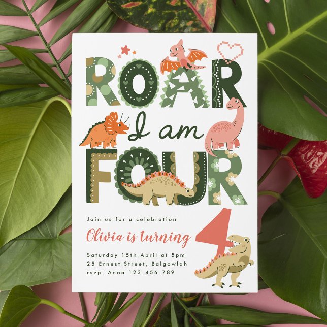Invitación  Rugir Soy Cuatro, Dinosaurio Boho Rosa Cumpleaños (Subido por el creador)