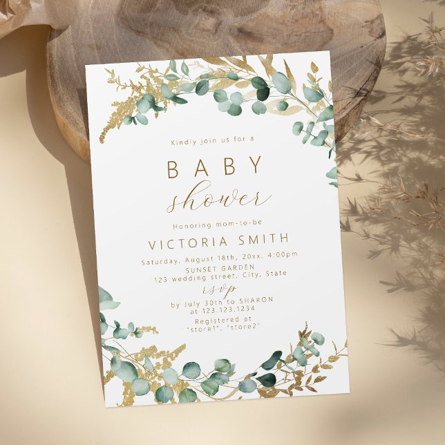 Invitación Ruido eucalipto oro verde boho Baby Shower (Rustic eucalyptus gold greenery boho Baby Shower Invitation)