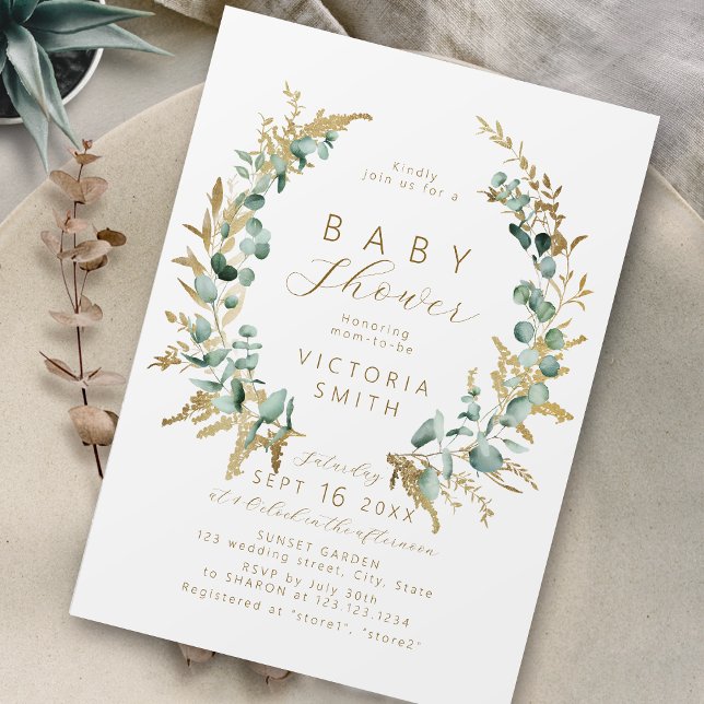 Invitación Ruido eucalipto oro verde boho Baby Shower (Rustic eucalyptus gold greenery boho Baby Shower Invitation)