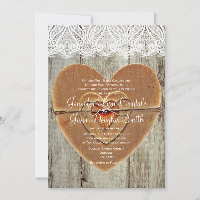 Invitación Ruido País Corazones Prohibido Boda de Madera Invi (Anverso)