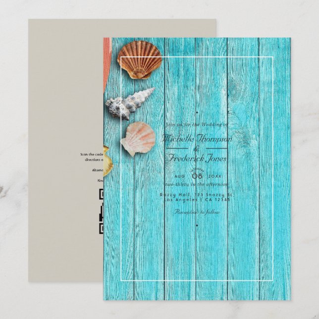 Invitación Ruido Turquesa Código QR RSVP Boda de playa (Anverso / Reverso)