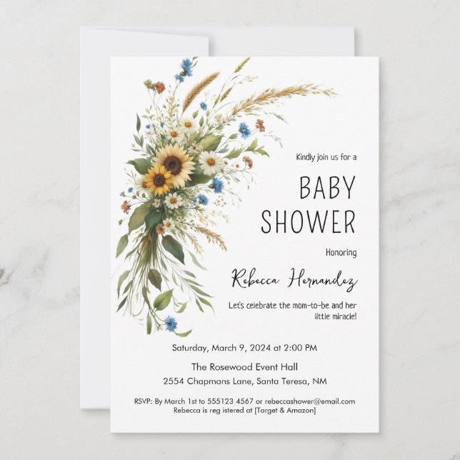 Invitación rusa a Baby Shower con flores silvestre (Anverso)