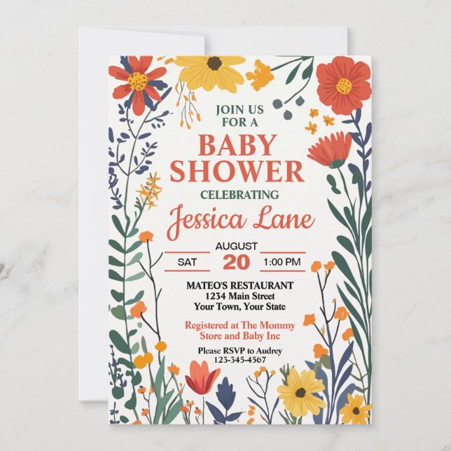 Invitación rusa a Baby Shower con flores silvestre (Anverso)