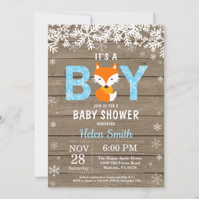 Invitación rusa a Baby Shower de Fox Winter Boy (Anverso)