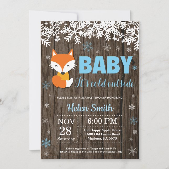 Invitación rusa a Baby Shower de Fox Winter Boy (Anverso)