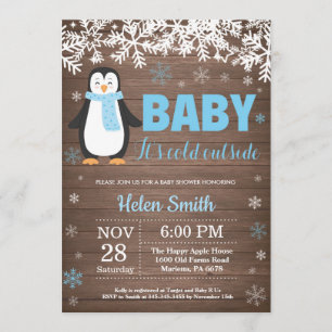 Invitación rusa a Baby Shower de niño pingüino inv