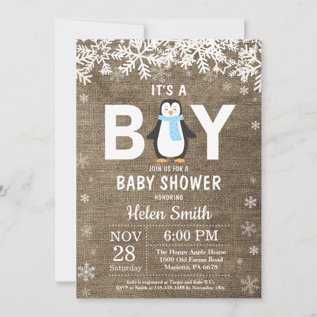 Invitación rusa a Baby Shower de niño pingüino inv (Anverso)