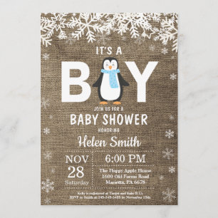 Invitación rusa a Baby Shower de niño pingüino inv