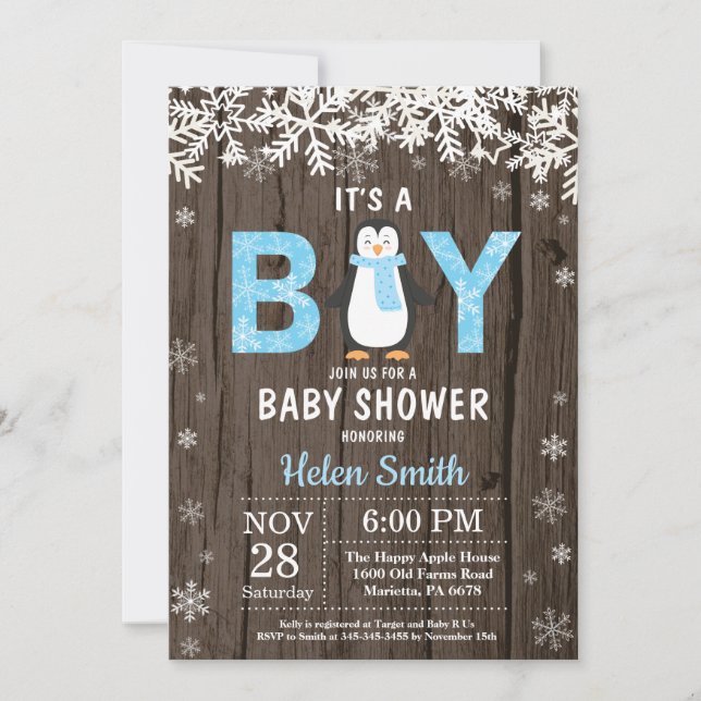 Invitación rusa a Baby Shower de niño pingüino inv (Anverso)