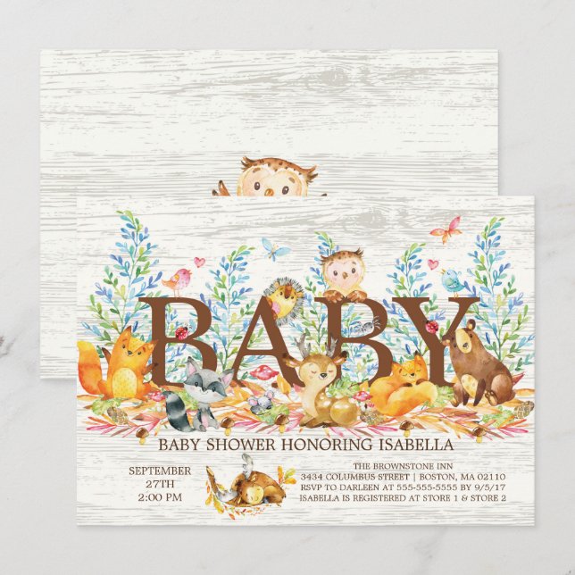 Invitación rusa a Baby Shower neutral de Woodland (Anverso / Reverso)